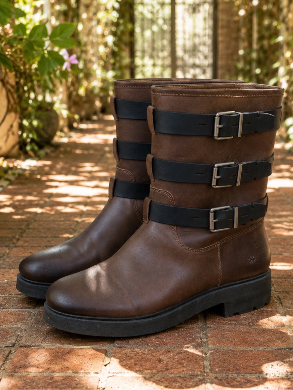 LUCKY BRAND Brown Burnished Leather Mid-Calf Buckle Embellished Moto Boots, 10M